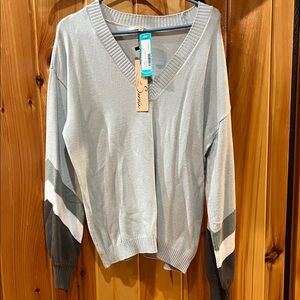 Womens V-Neck Colorblock Sweater in Light Sage by L. Saville